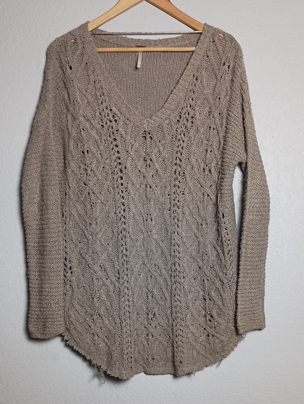 Free People Taupe Cable Knit V-Neck Sweater